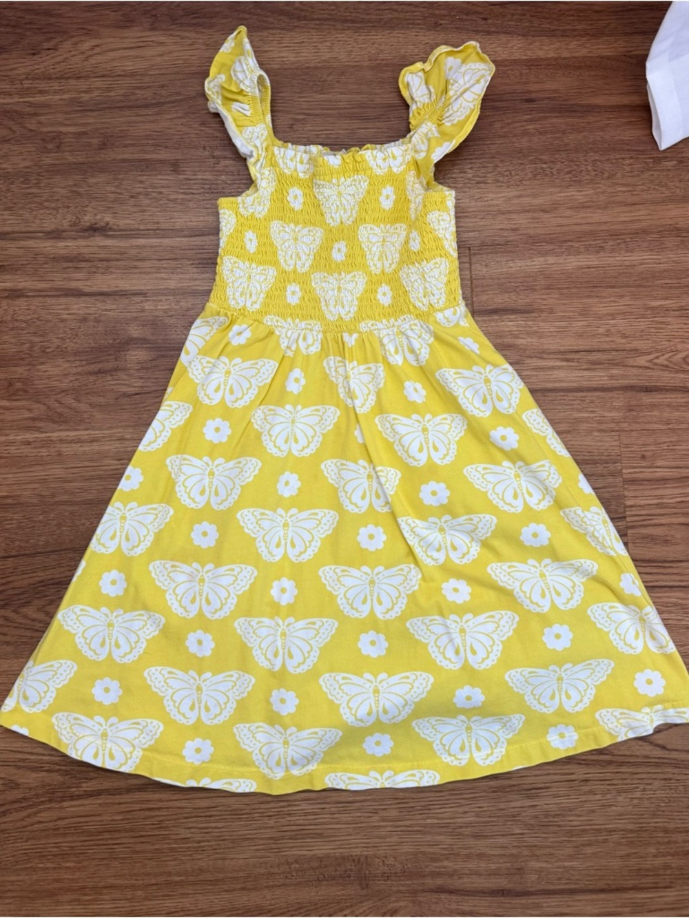 Mini Boden Yellow Butterfly Smocked Sundress with Ruffles Size 5-6